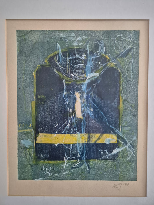 Gemälde Abstrakte Komposition in Blau, Gelb und Grün 41x51 cm