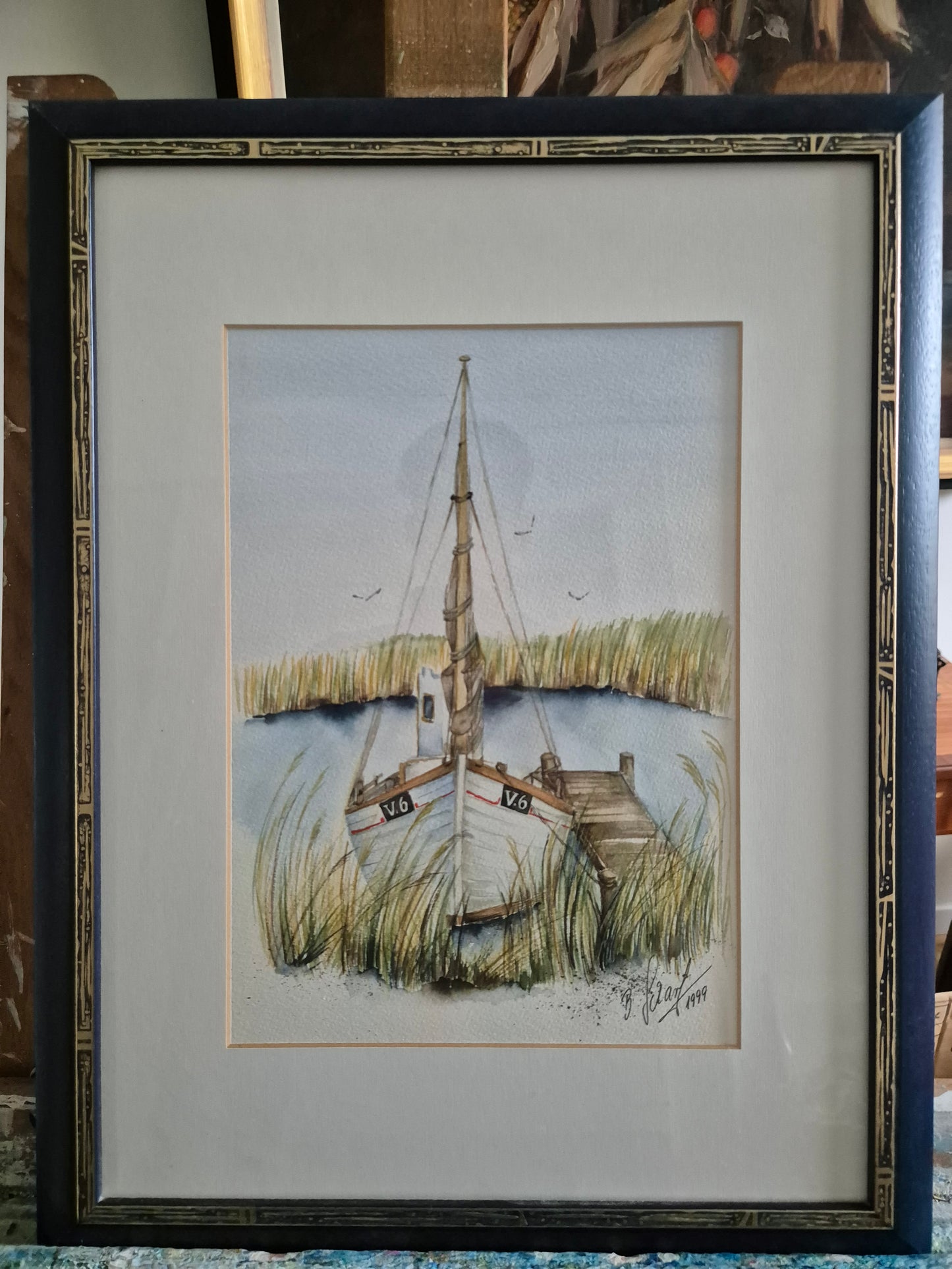 Aquarellmalerei (XX) Handsigniert Seestück Fischerboot am Steg 35x45cm