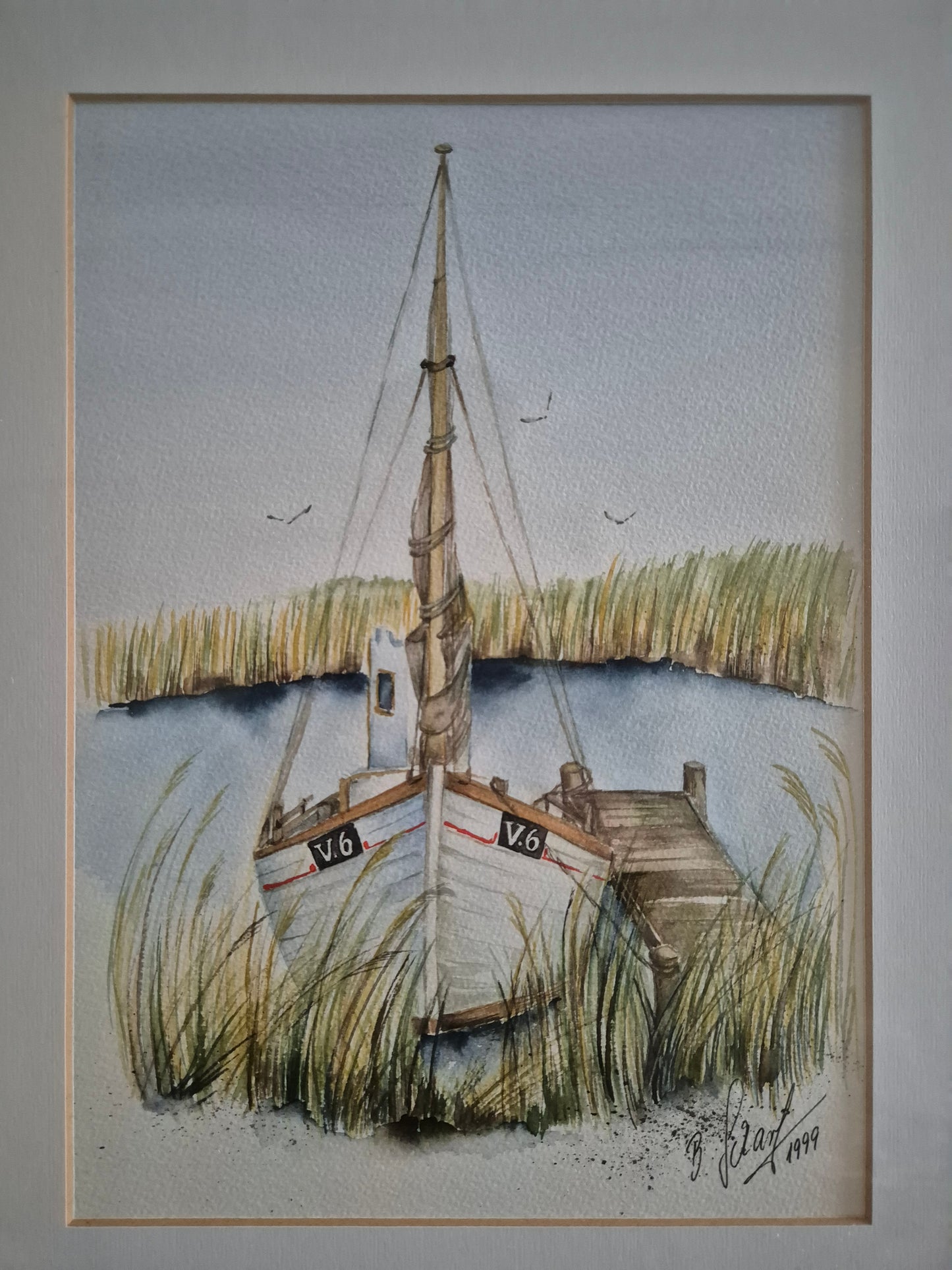 Aquarellmalerei (XX) Handsigniert Seestück Fischerboot am Steg 35x45cm