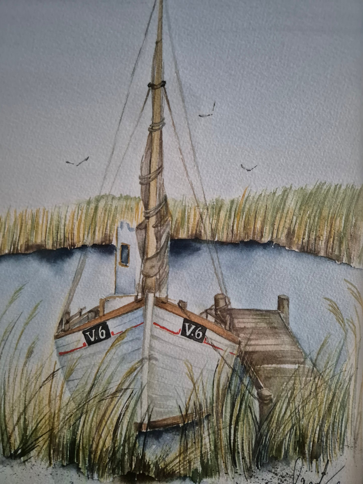 Aquarellmalerei (XX) Handsigniert Seestück Fischerboot am Steg 35x45cm