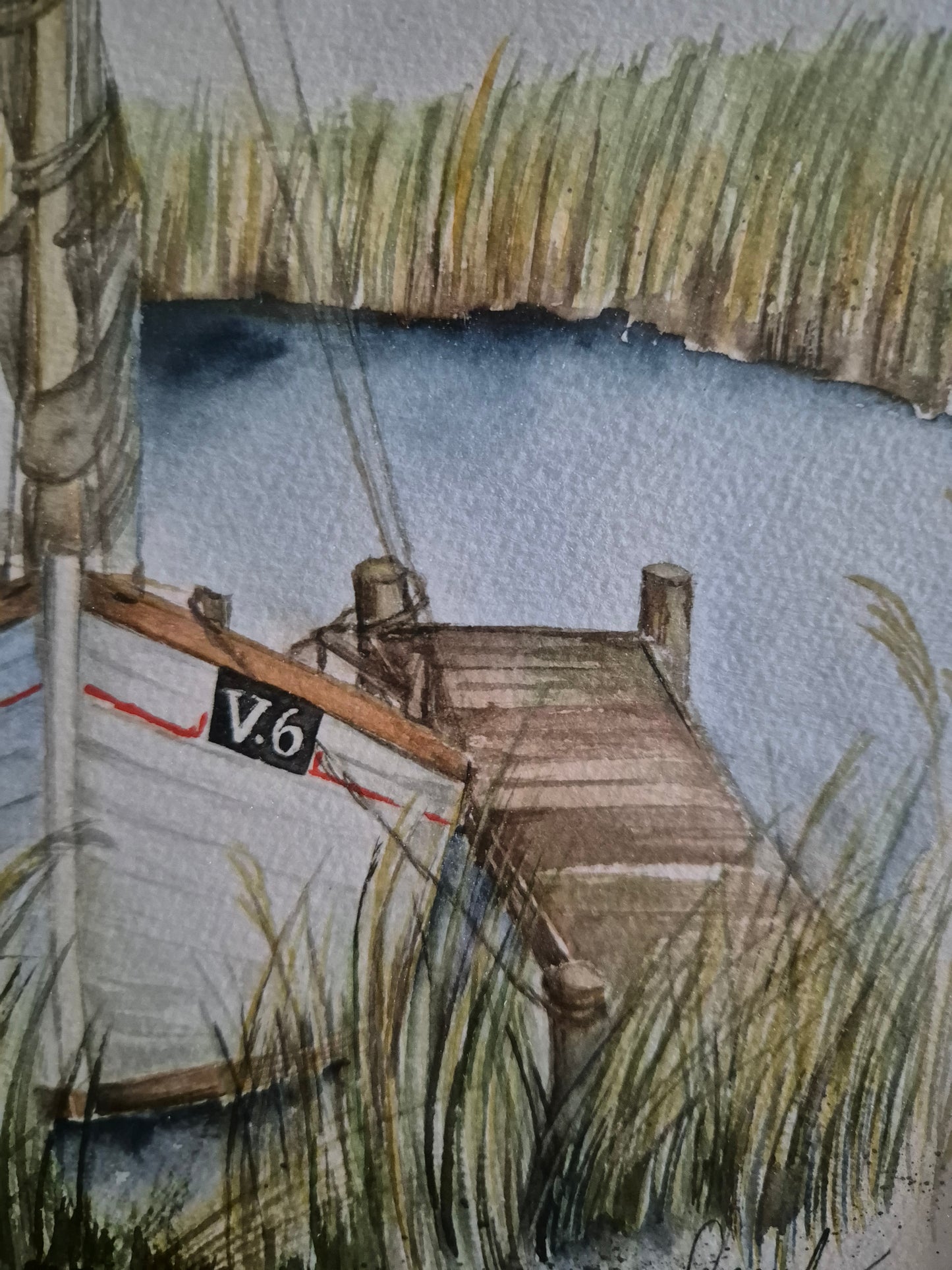 Aquarellmalerei (XX) Handsigniert Seestück Fischerboot am Steg 35x45cm