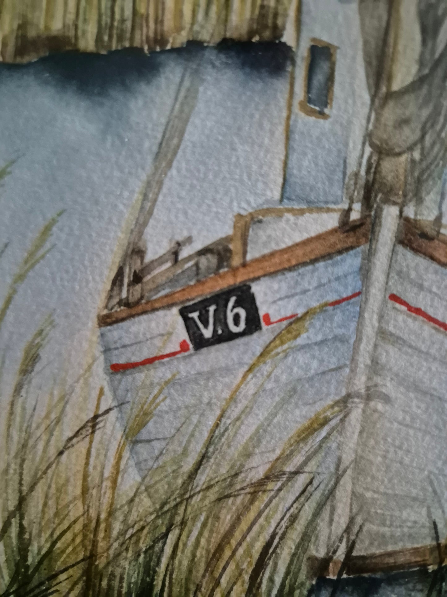 Aquarellmalerei (XX) Handsigniert Seestück Fischerboot am Steg 35x45cm