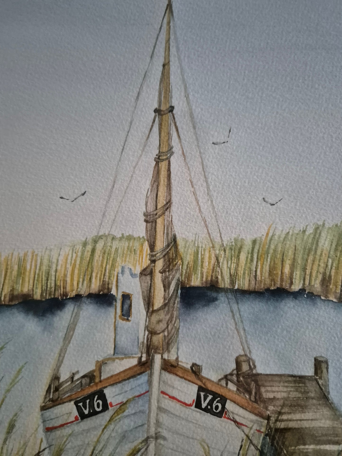 Aquarellmalerei (XX) Handsigniert Seestück Fischerboot am Steg 35x45cm