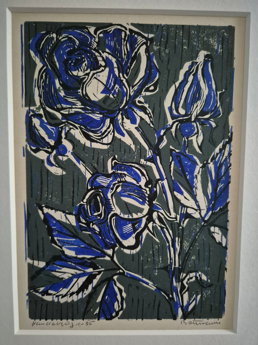 Europäische Schule (XX) Stillleben mit zwei Rosen in Blau 29x36 cm