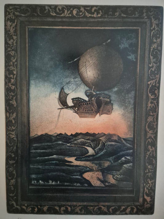 Europäische Schule (1981) Grafik "Abendflug" mit Heißluftballon 44x59 cm