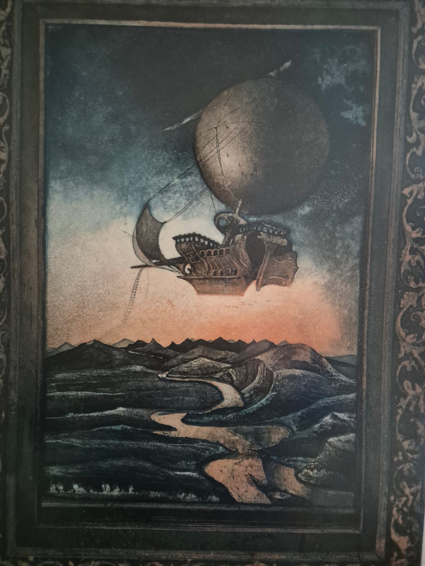 Europäische Schule (1981) Grafik "Abendflug" mit Heißluftballon 44x59 cm