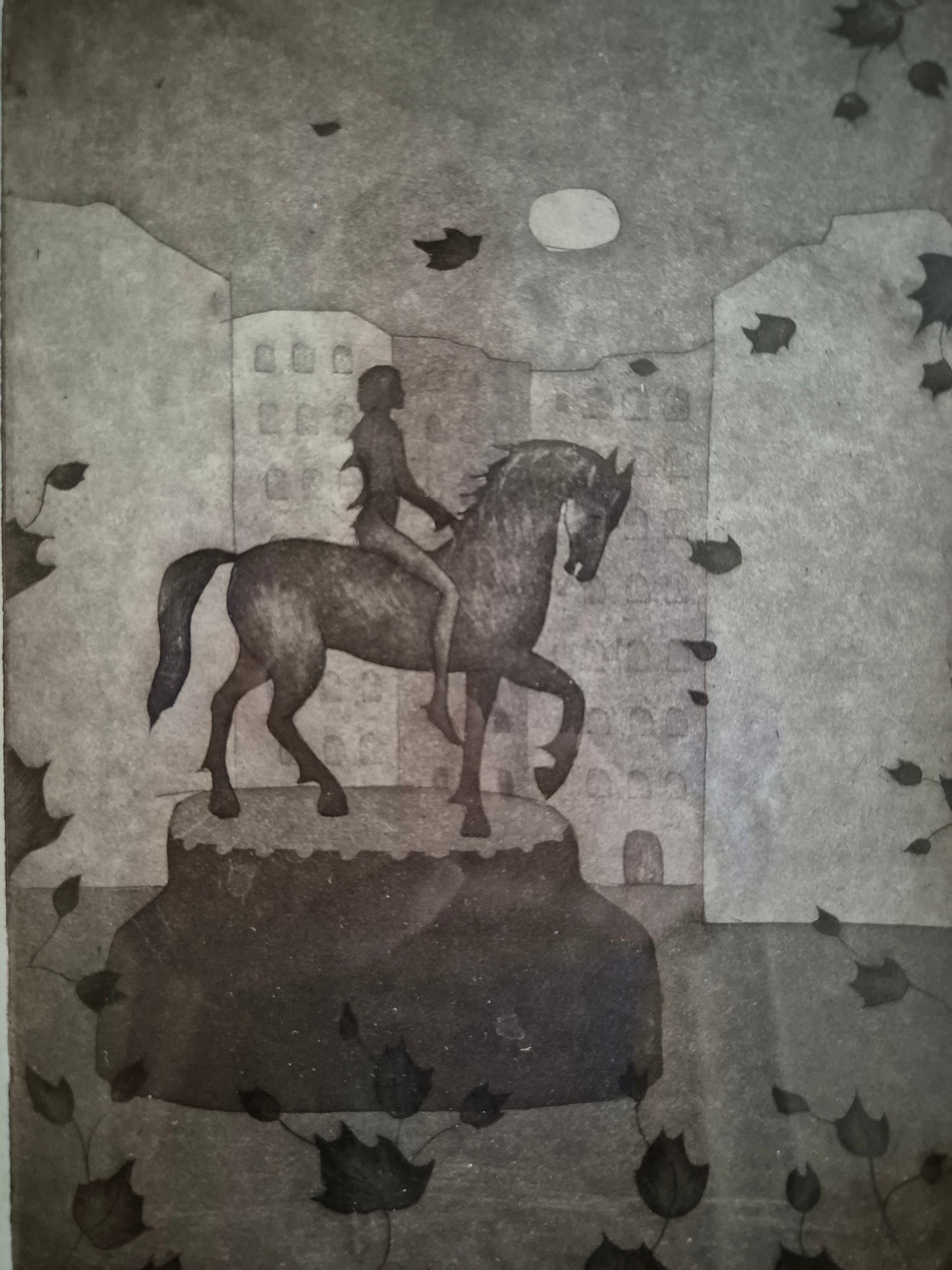 Irene Müller (1941) Lithographie Pferdestatue bei Vollmond 22,5x27,5 cm