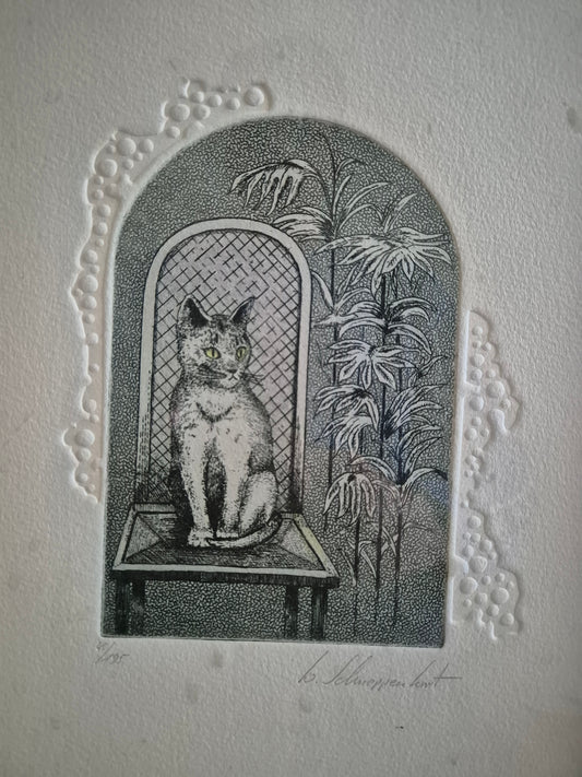 Willy Schneppenhorst (XX) Original Radierung Katze im Stuhl 26x32,5 cm