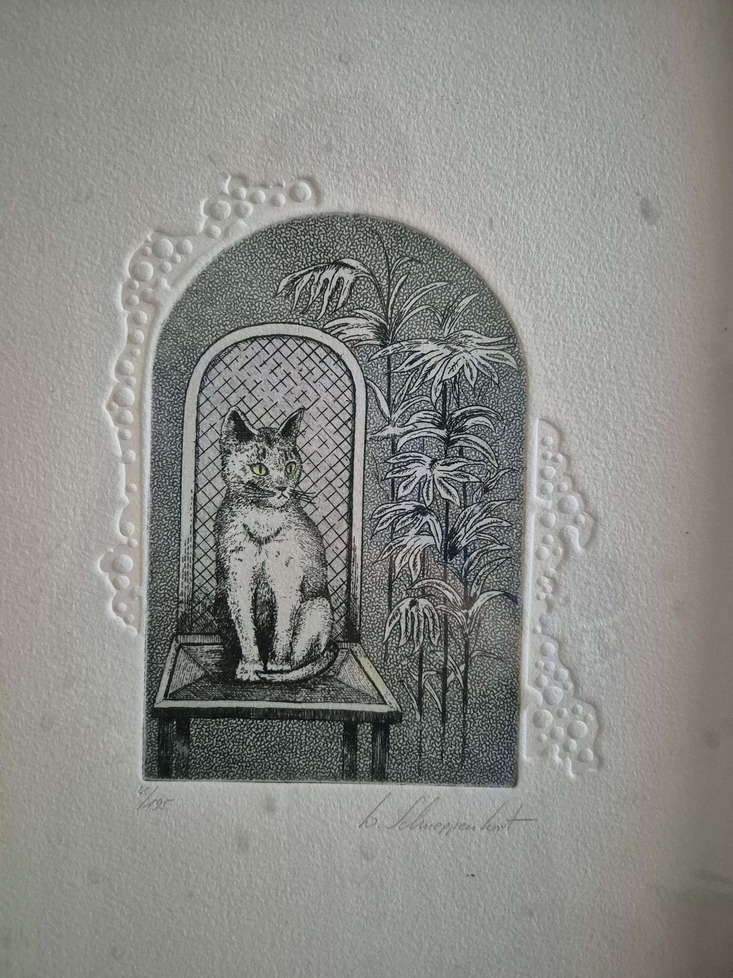 Willy Schneppenhorst (XX) Original Radierung Katze im Stuhl 26x32,5 cm