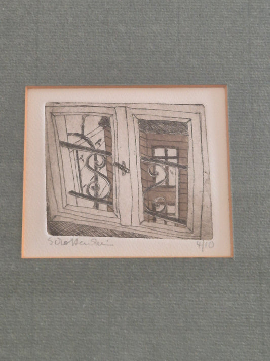 Europäische Schule 20. Jhrd. Farbradierung Fensteransicht 30x40 cm