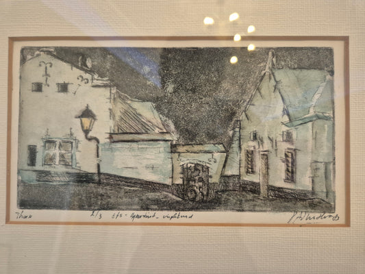 Aquatint Radierung Straßenszene mit blauen Häusern 42x32 cm