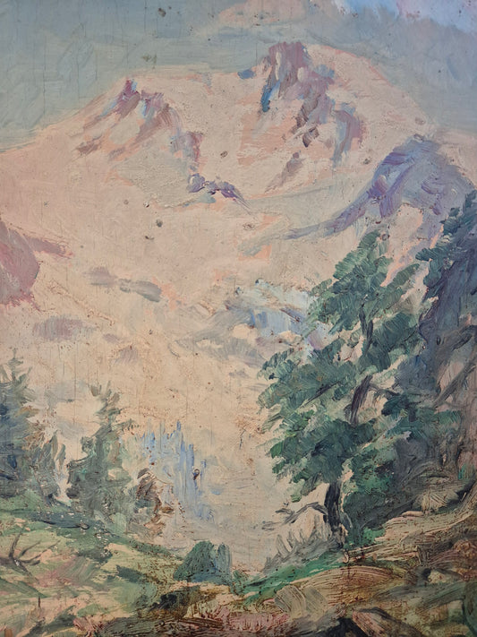 Ölgemälde Gemälde Europäische Schule (XX) Landschaft Berge 46x39,5cm