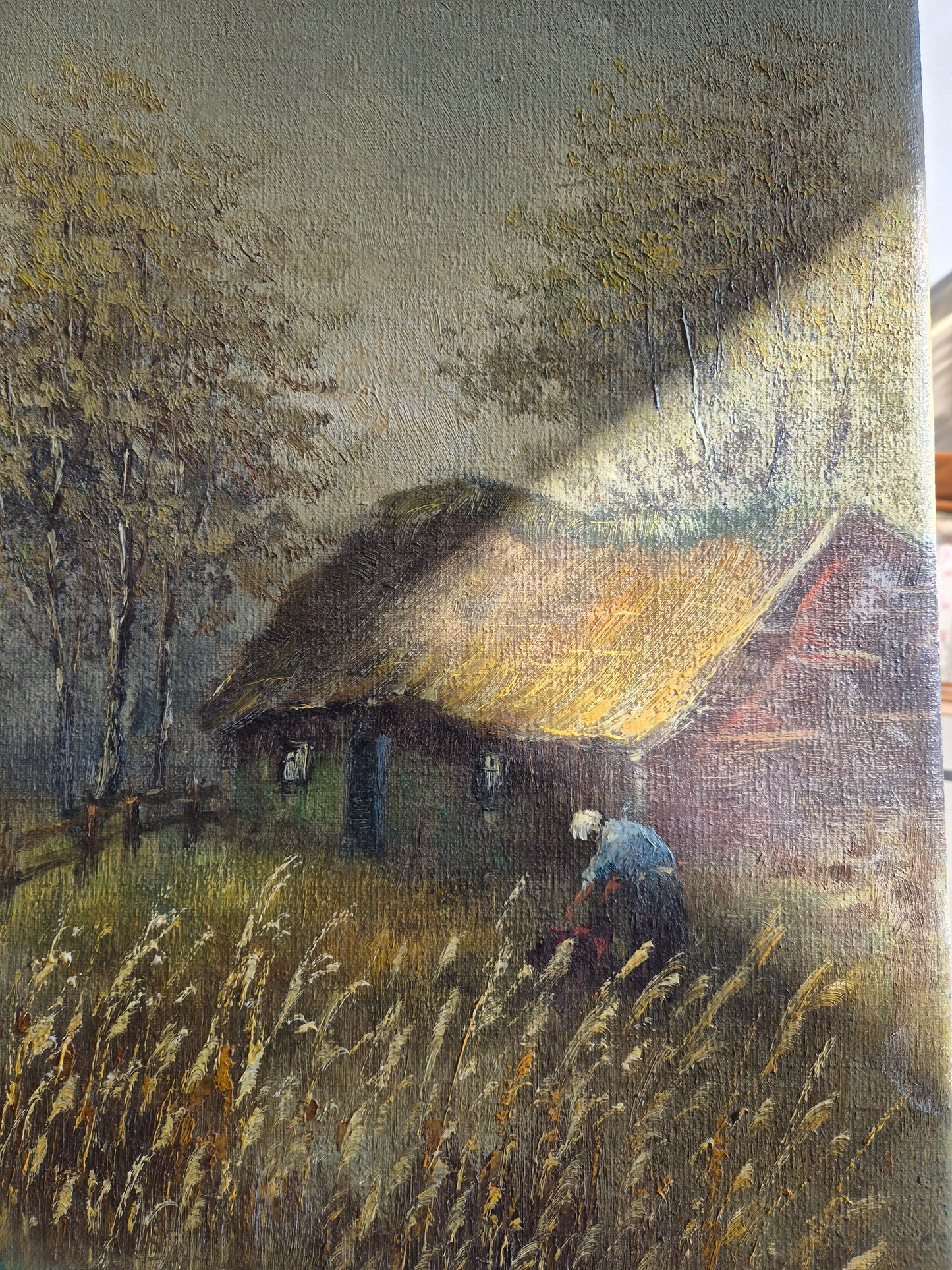 Europäische Schule (XX) Ölgemälde Haus in der Natur 60,5x50,5 cm