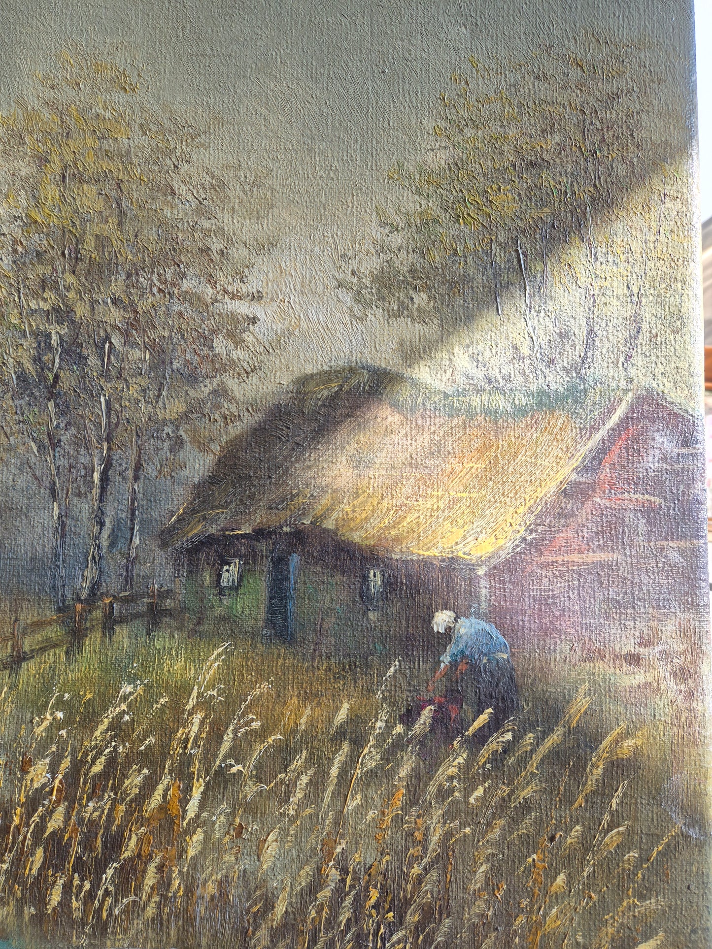 Europäische Schule (XX) Ölgemälde Haus in der Natur 60,5x50,5 cm