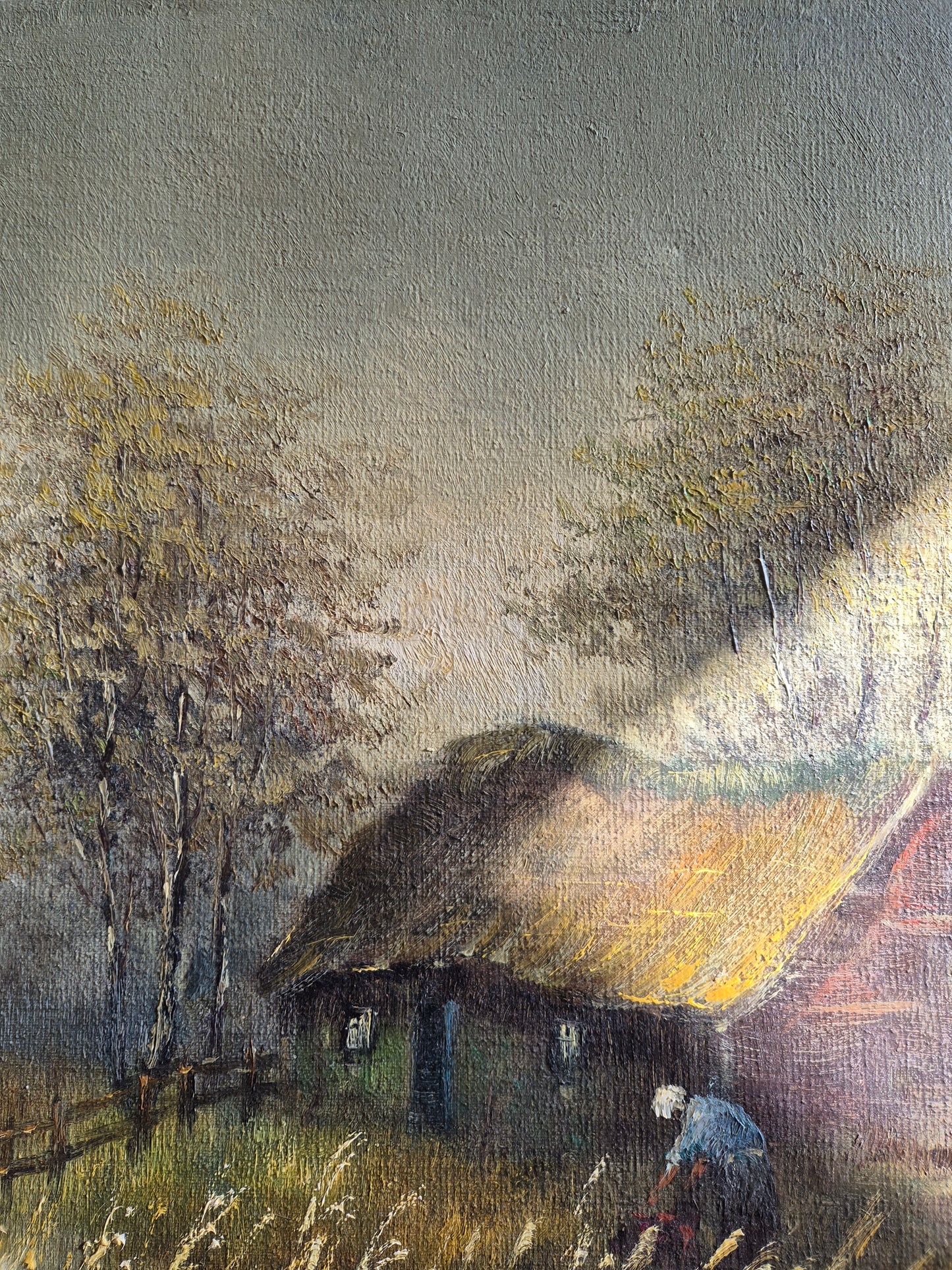 Europäische Schule (XX) Ölgemälde Haus in der Natur 60,5x50,5 cm