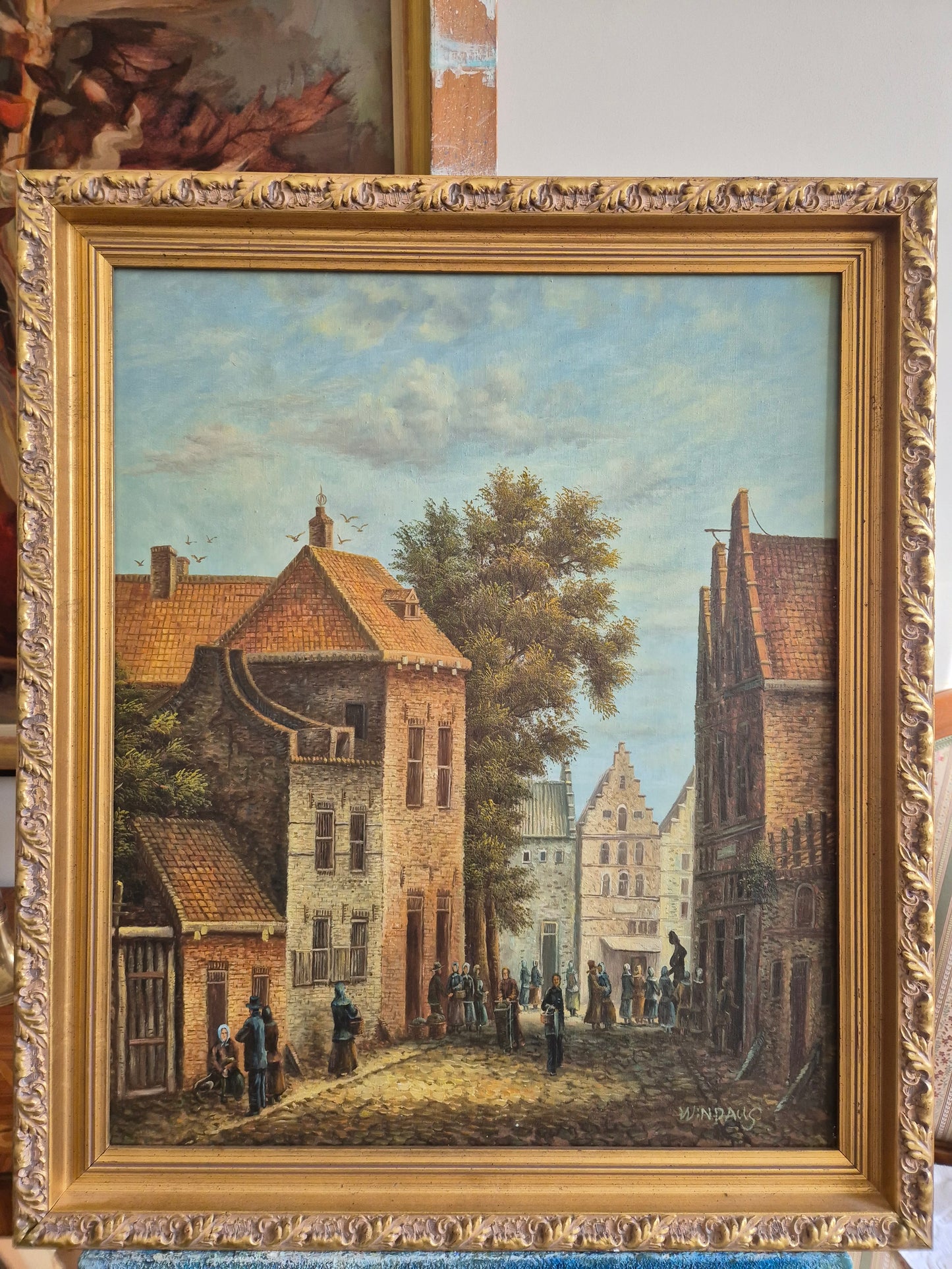 Windaus (XX) Ölgemälde Stadtbilder Straßenszene Sommer 69x59cm