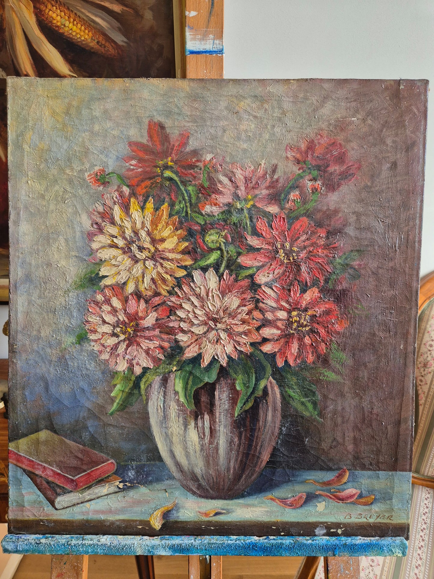 Ölgemälde Stillleben Blumenstrauß B. Breyer (XX) 50x55 cm