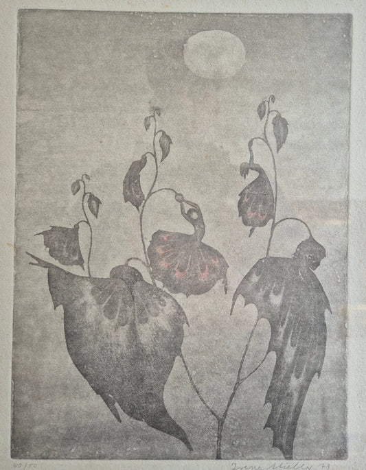 Irene Müller (geb. 1941) Farbradierung Rosen bei Vollmond 40/50