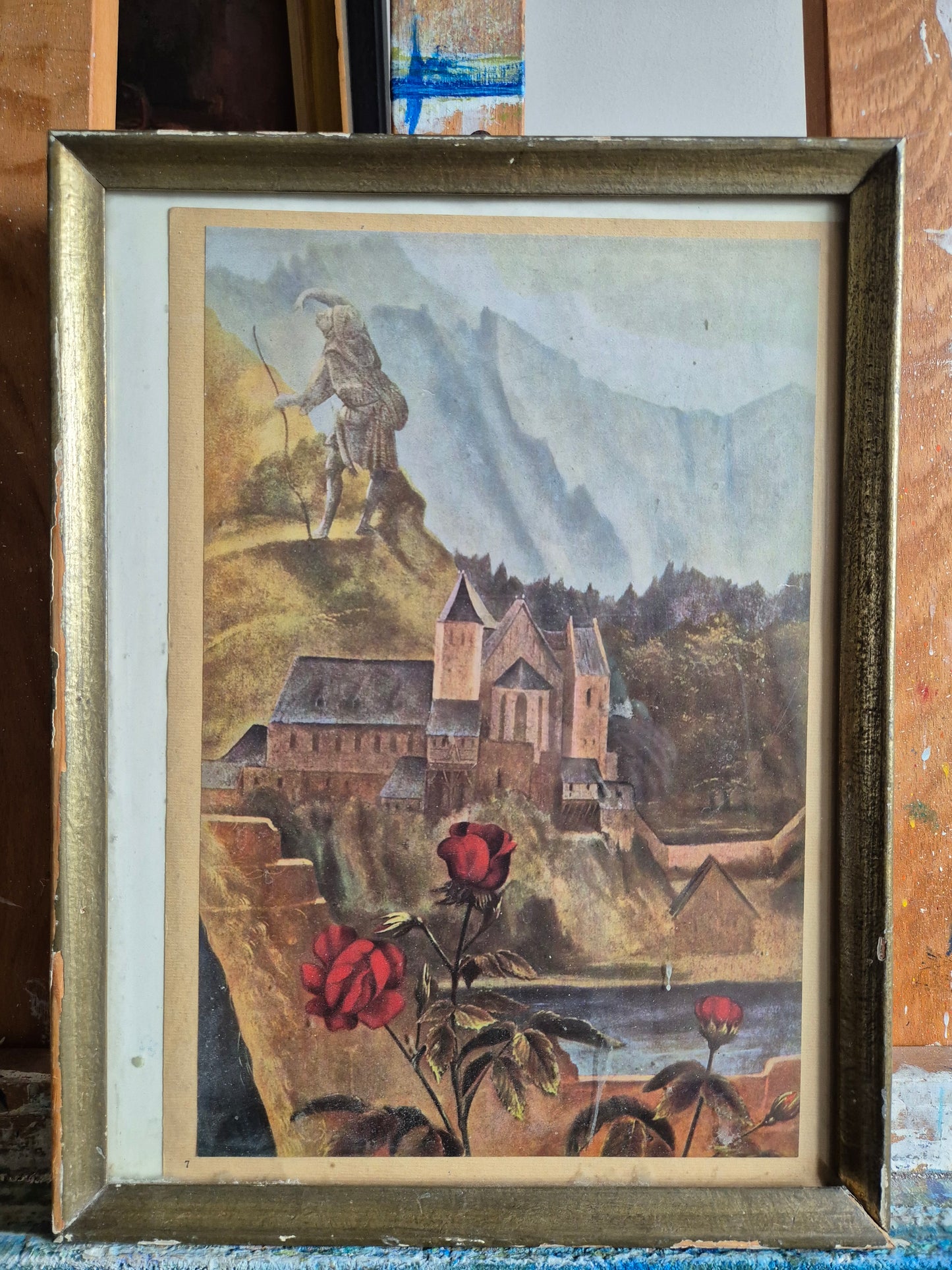 Gemälde Schloss mit roten Blumen 28,5x37 cm