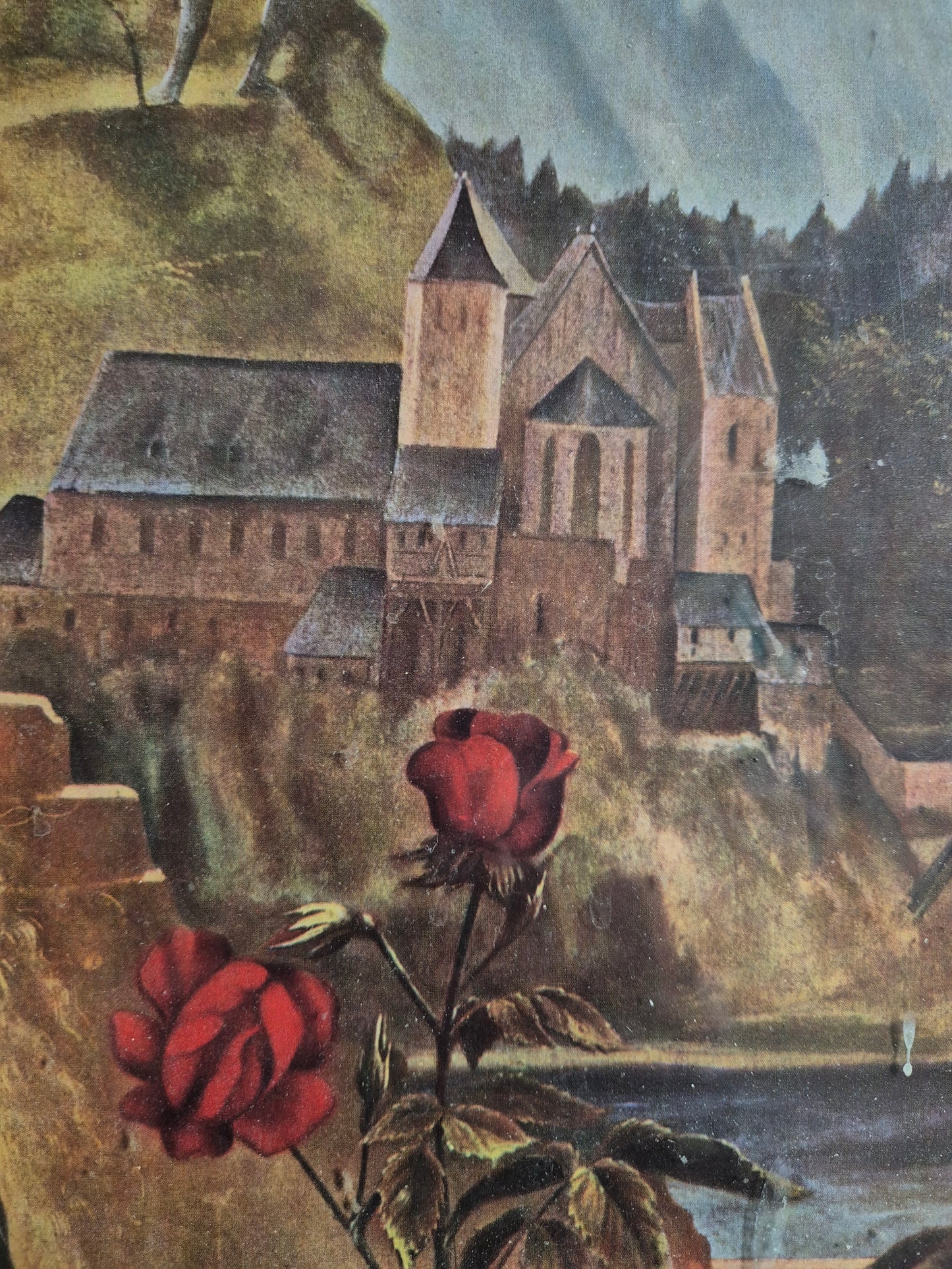 Gemälde Schloss mit roten Blumen 28,5x37 cm