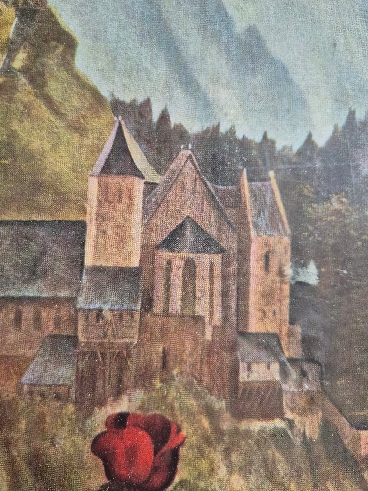 Gemälde Schloss mit roten Blumen 28,5x37 cm