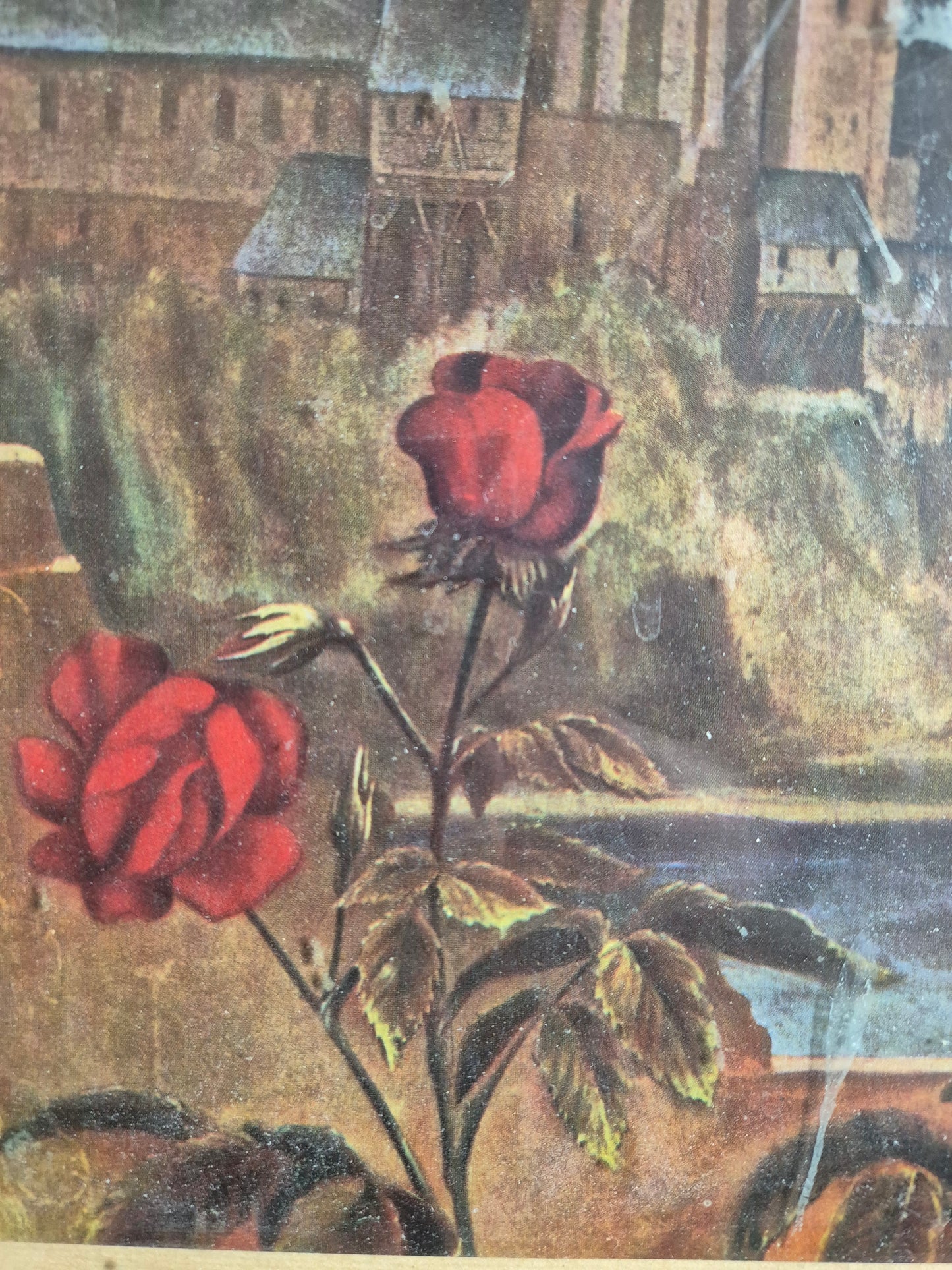 Gemälde Schloss mit roten Blumen 28,5x37 cm