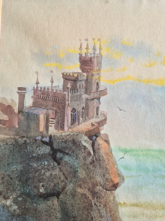 Aquarell Schloss Swallow’s Nest Europäische Schule (1991) Handsigniert