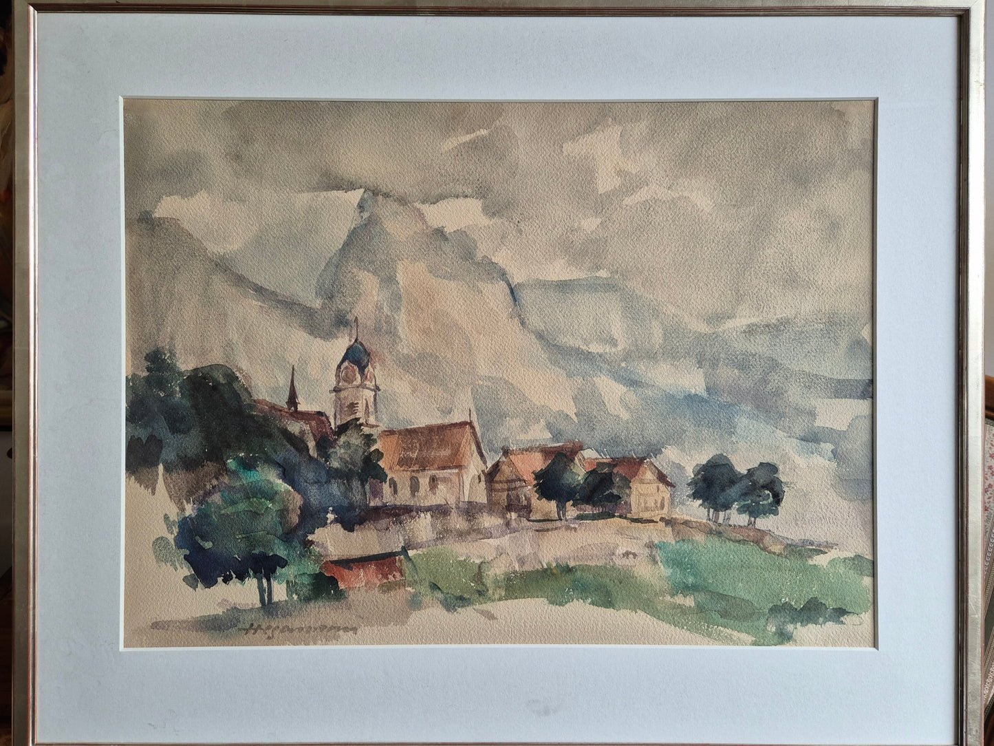 Hegemann 20. Jhrd. Aquarell grünem Feld und  Häusern 86,5x69,5 cm