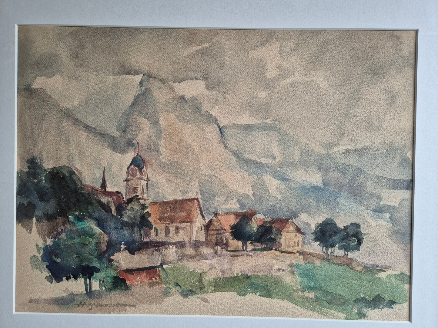 Hegemann 20. Jhrd. Aquarell grünem Feld und  Häusern 86,5x69,5 cm