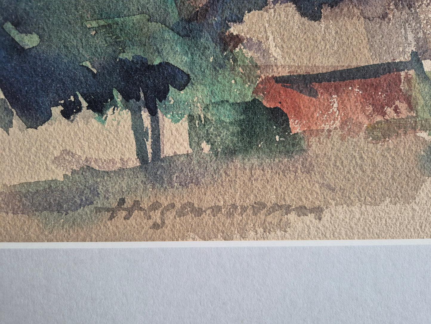 Hegemann 20. Jhrd. Aquarell grünem Feld und  Häusern 86,5x69,5 cm