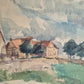 Hegemann 20. Jhrd. Aquarell grünem Feld und  Häusern 86,5x69,5 cm