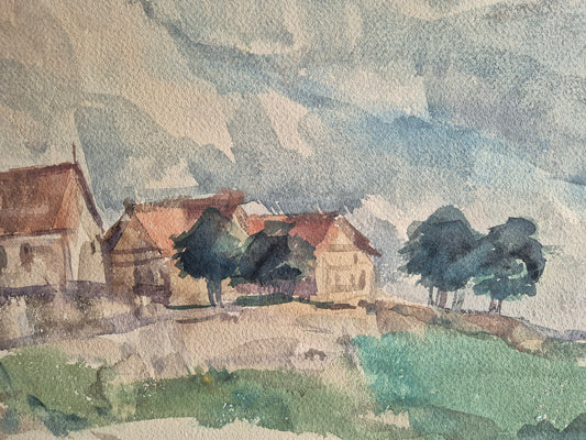 Hegemann 20. Jhrd. Aquarell grünem Feld und  Häusern 86,5x69,5 cm