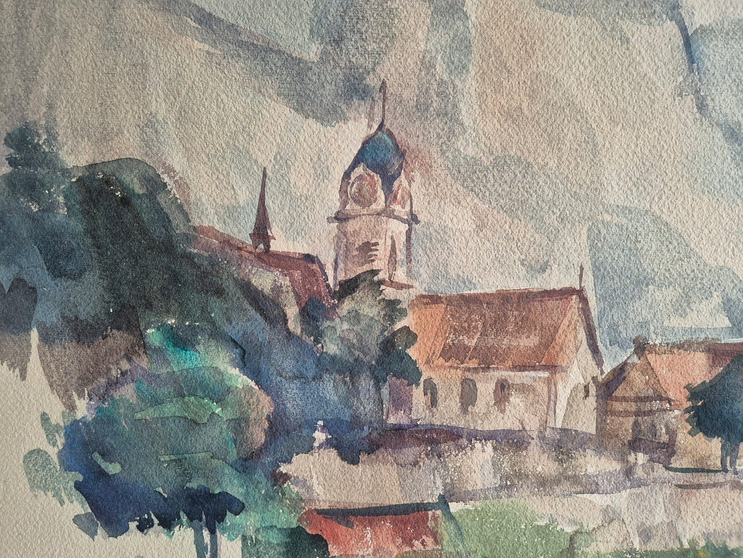 Hegemann 20. Jhrd. Aquarell grünem Feld und  Häusern 86,5x69,5 cm