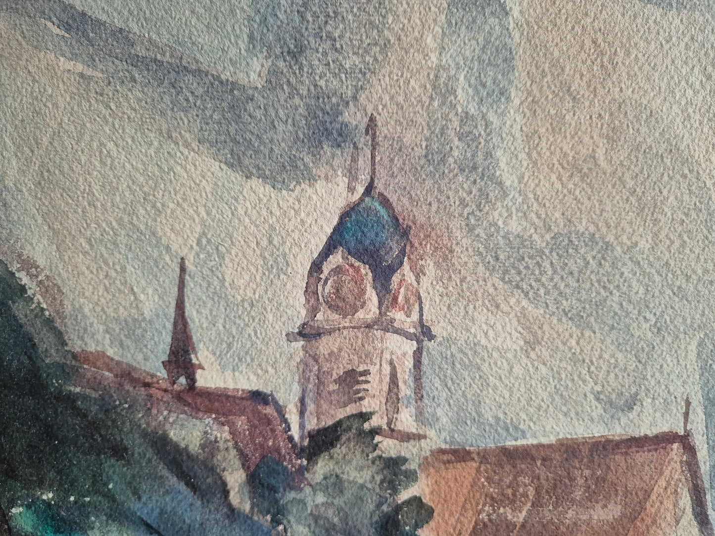 Hegemann 20. Jhrd. Aquarell grünem Feld und  Häusern 86,5x69,5 cm