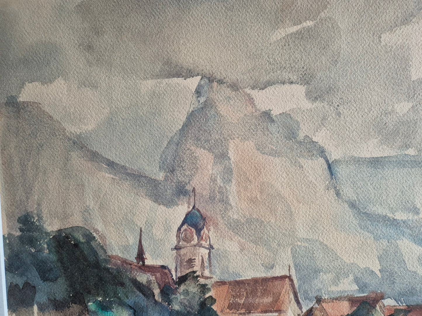 Hegemann 20. Jhrd. Aquarell grünem Feld und  Häusern 86,5x69,5 cm