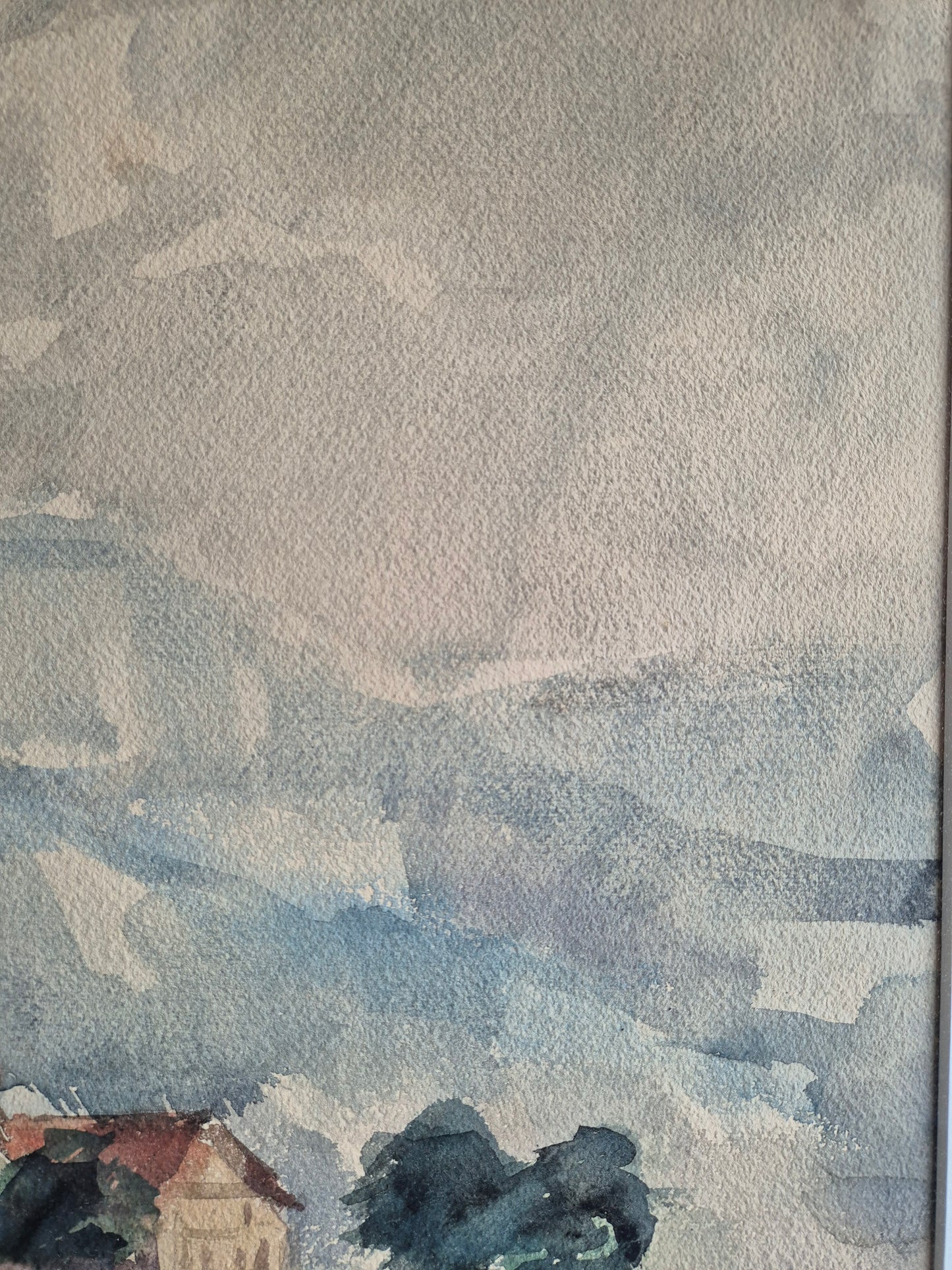 Hegemann 20. Jhrd. Aquarell grünem Feld und  Häusern 86,5x69,5 cm