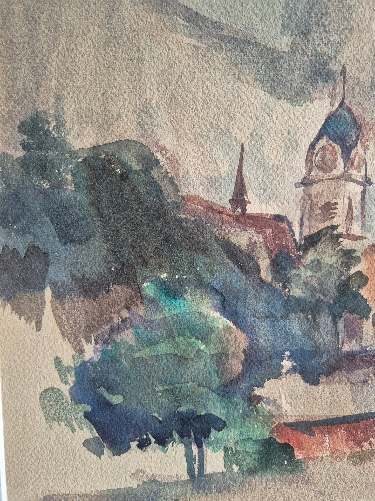 Hegemann 20. Jhrd. Aquarell grünem Feld und  Häusern 86,5x69,5 cm