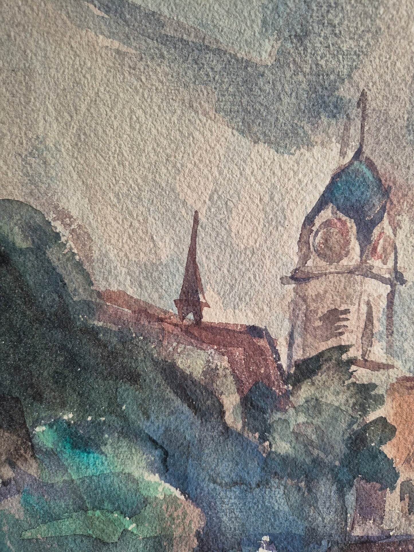 Hegemann 20. Jhrd. Aquarell grünem Feld und  Häusern 86,5x69,5 cm