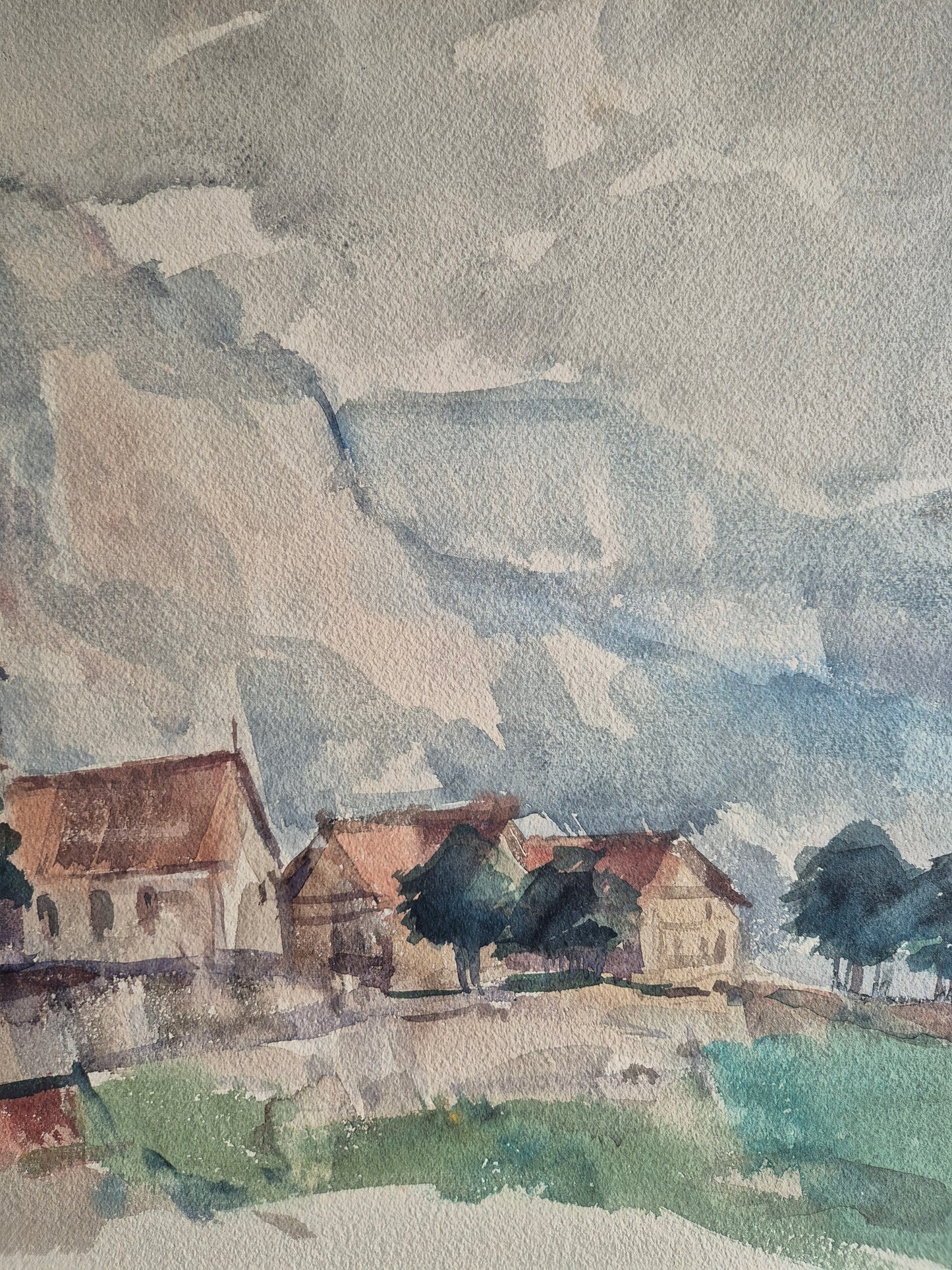 Hegemann 20. Jhrd. Aquarell grünem Feld und  Häusern 86,5x69,5 cm