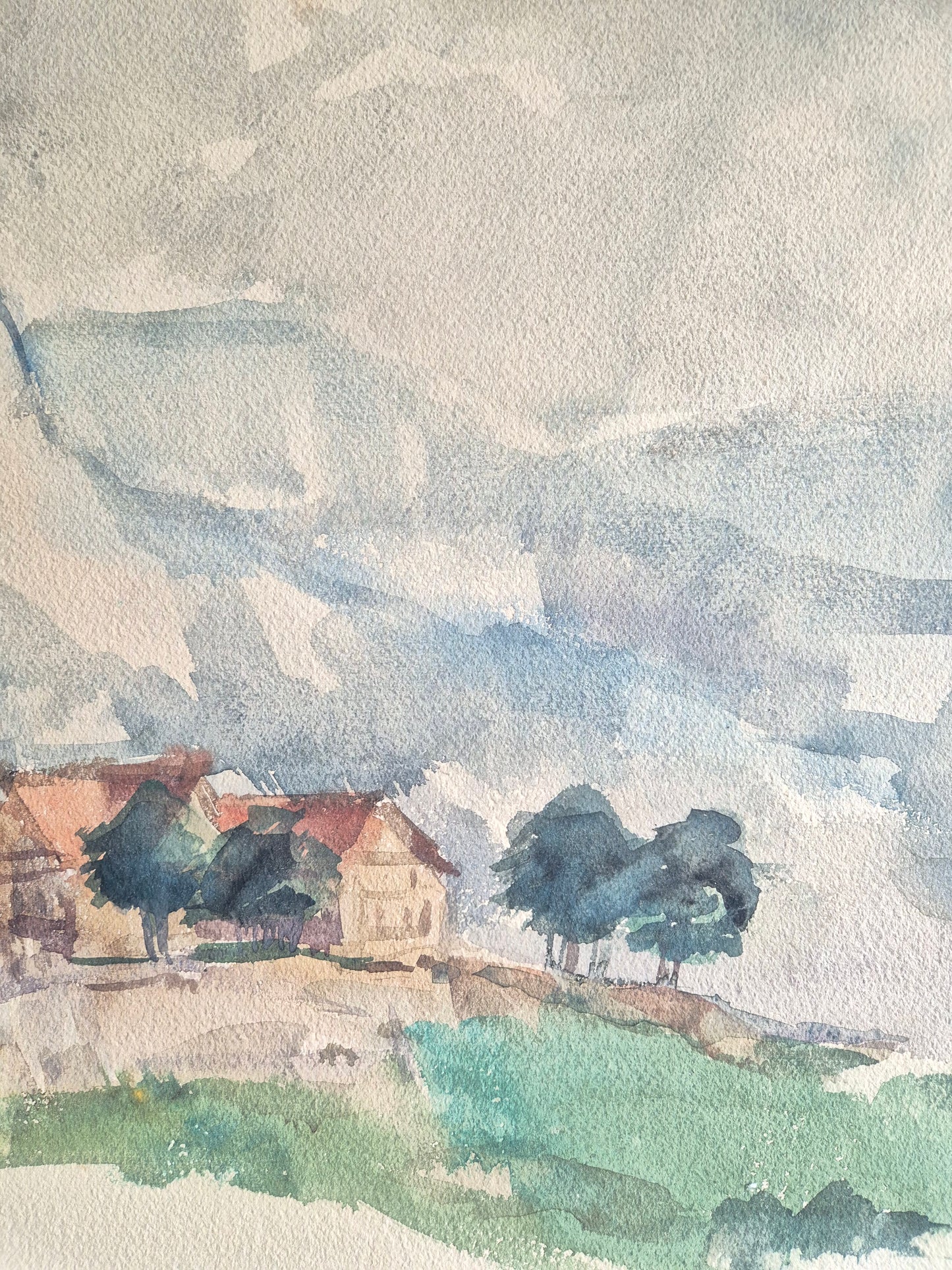 Hegemann 20. Jhrd. Aquarell grünem Feld und  Häusern 86,5x69,5 cm