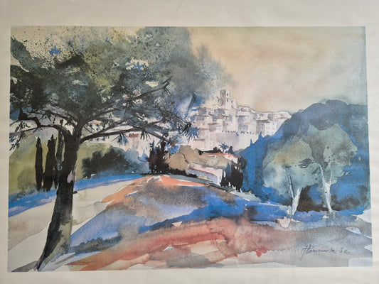 Aquarell 20. Jhrd. Naturmotiv mit Baum und Stadtansicht 80,5x60,5 cm