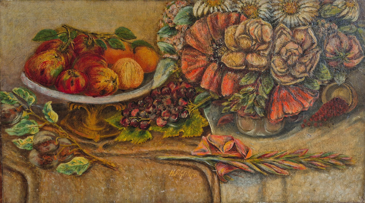 Ölgemälde 20. Jhd. Stillleben mit Früchten und Blumenvasen 75,5x40 cm