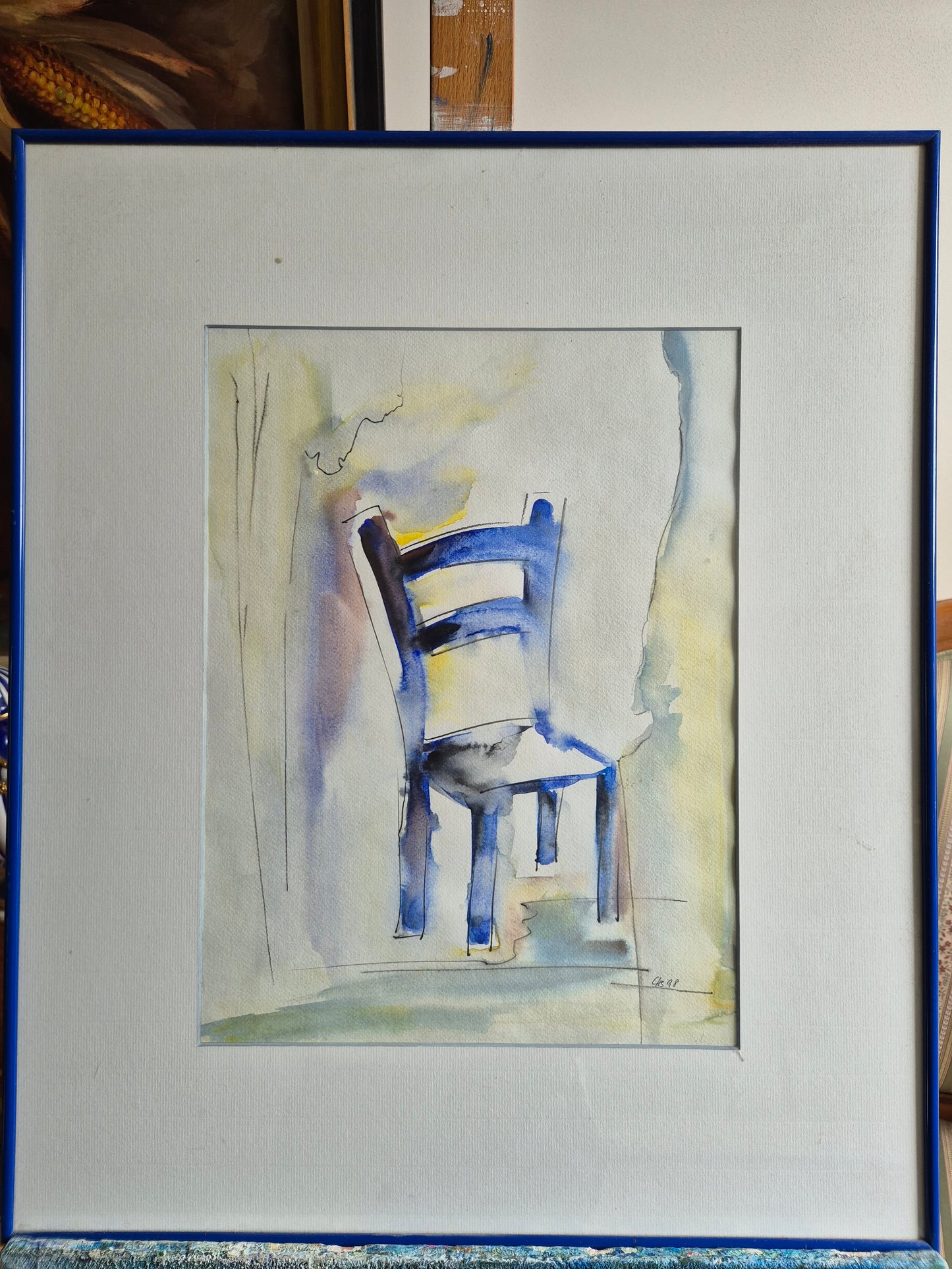 Europäische Schule 1998 Aquarell Blauer Stuhl 50.5x60 cm