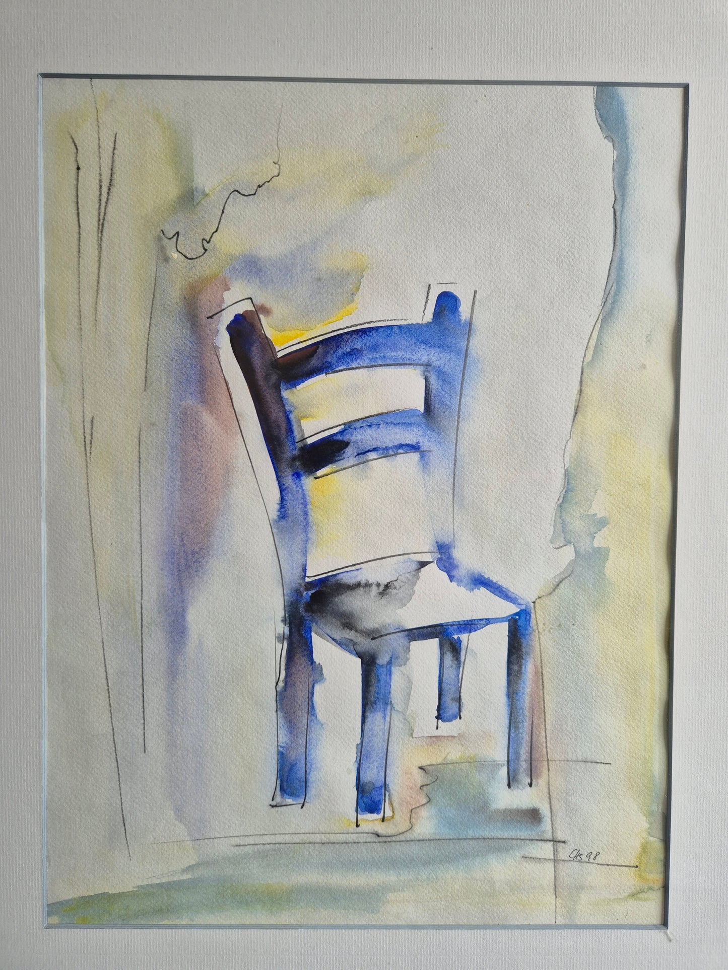 Europäische Schule 1998 Aquarell Blauer Stuhl 50.5x60 cm