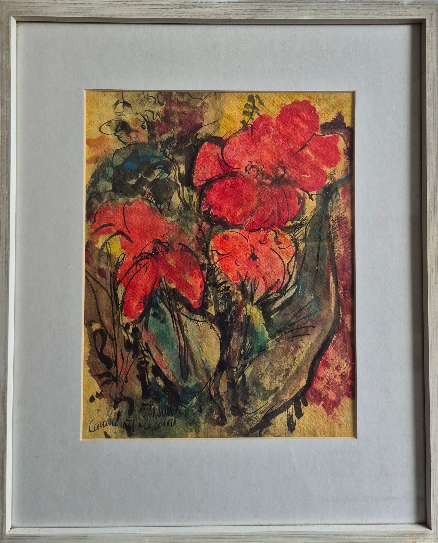 Europäische Schule 20. Jhrd. Ölgemälde Rote Blumen Abstrakt 49x59 cm