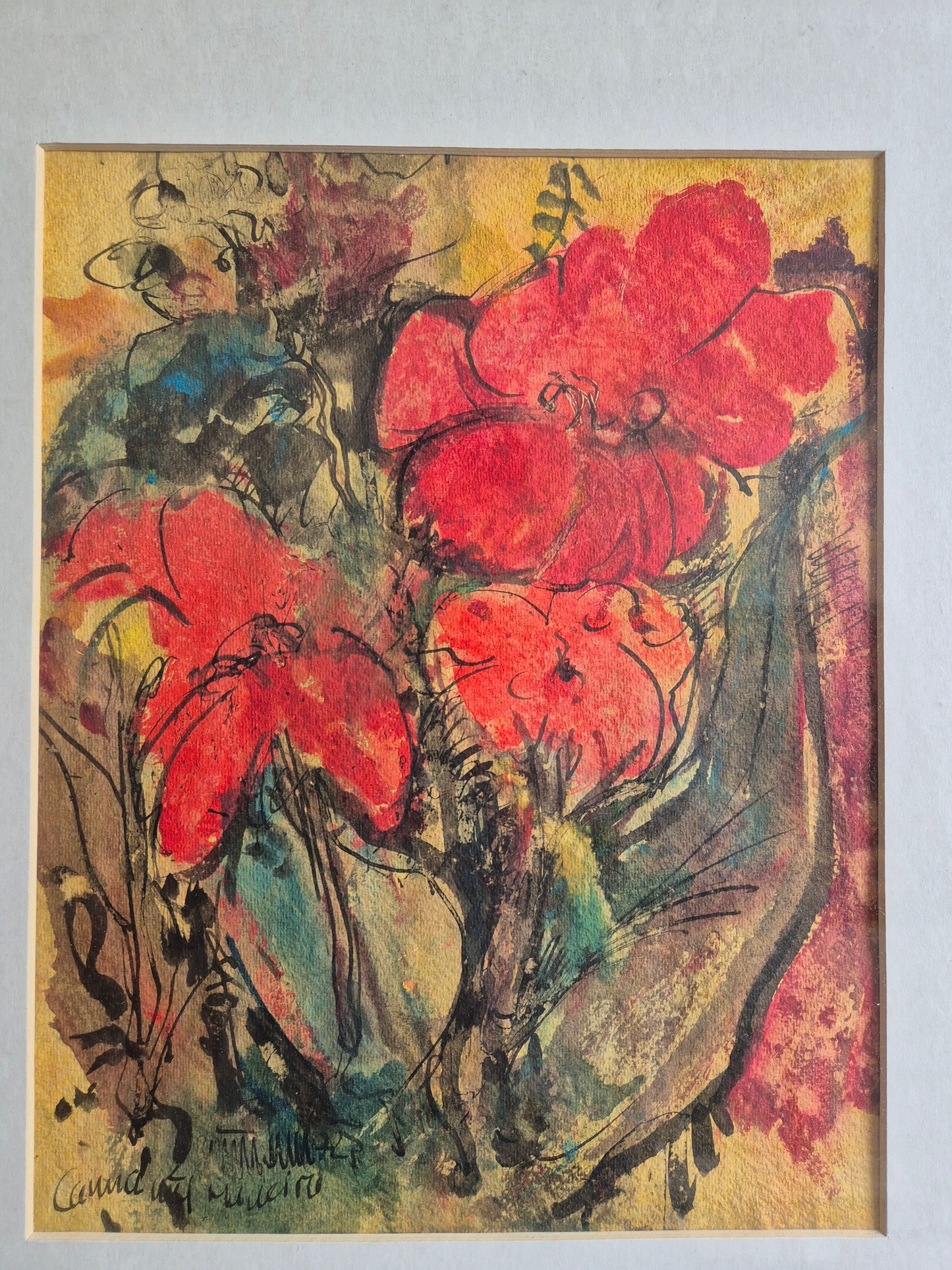 Europäische Schule 20. Jhrd. Ölgemälde Rote Blumen Abstrakt 49x59 cm