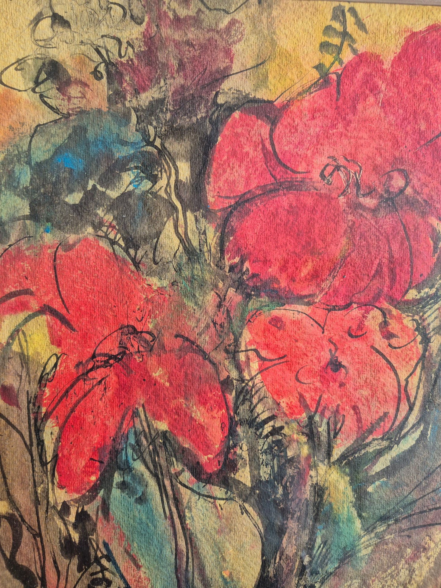 Europäische Schule 20. Jhrd. Ölgemälde Rote Blumen Abstrakt 49x59 cm