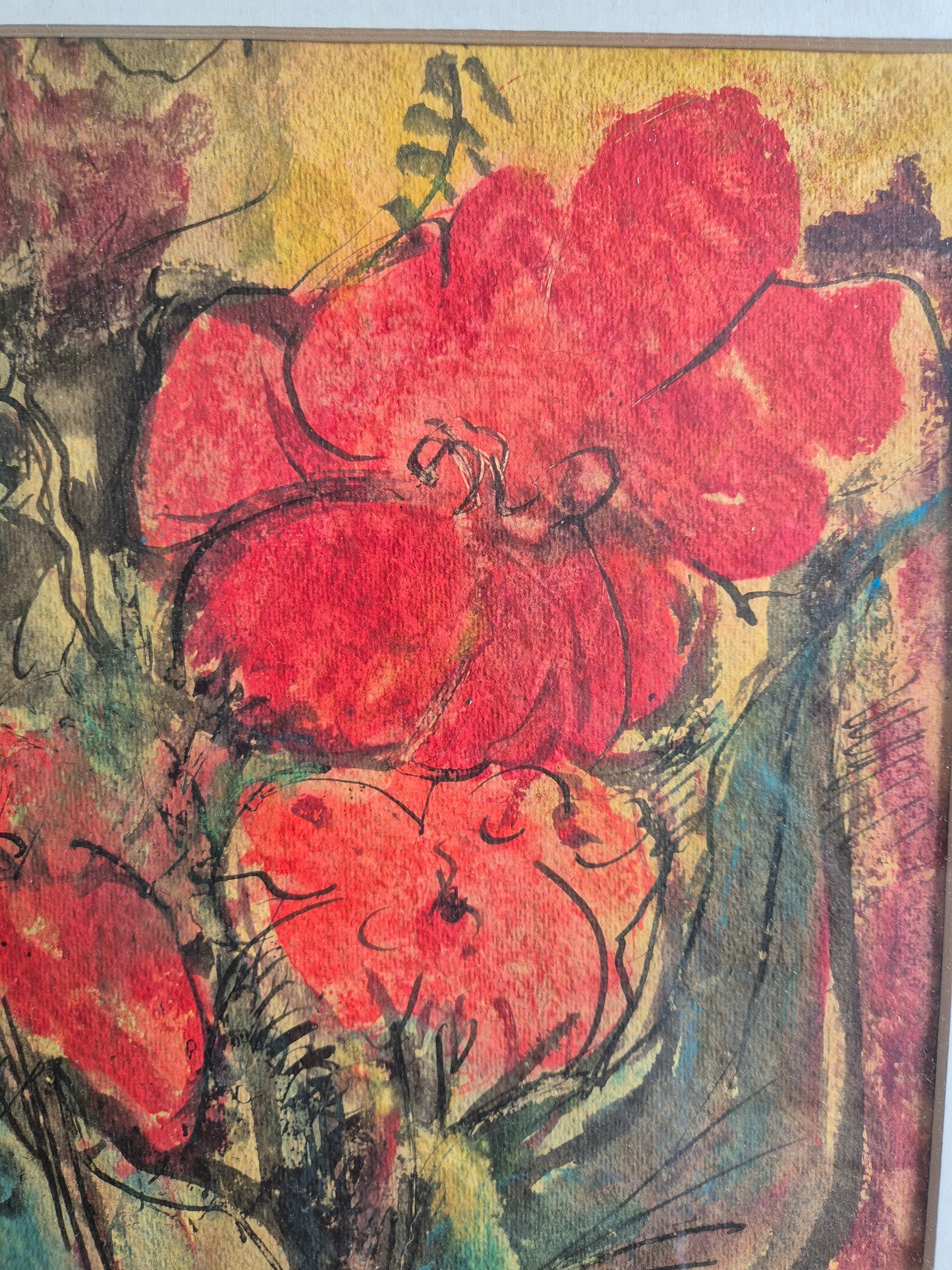 Europäische Schule 20. Jhrd. Ölgemälde Rote Blumen Abstrakt 49x59 cm