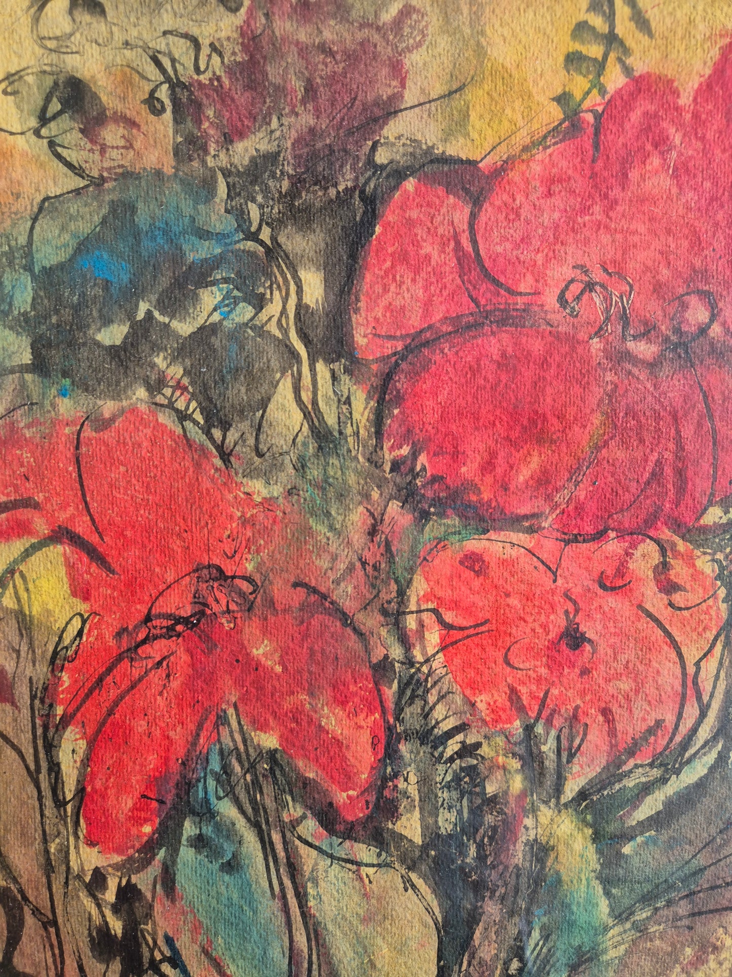 Europäische Schule 20. Jhrd. Ölgemälde Rote Blumen Abstrakt 49x59 cm