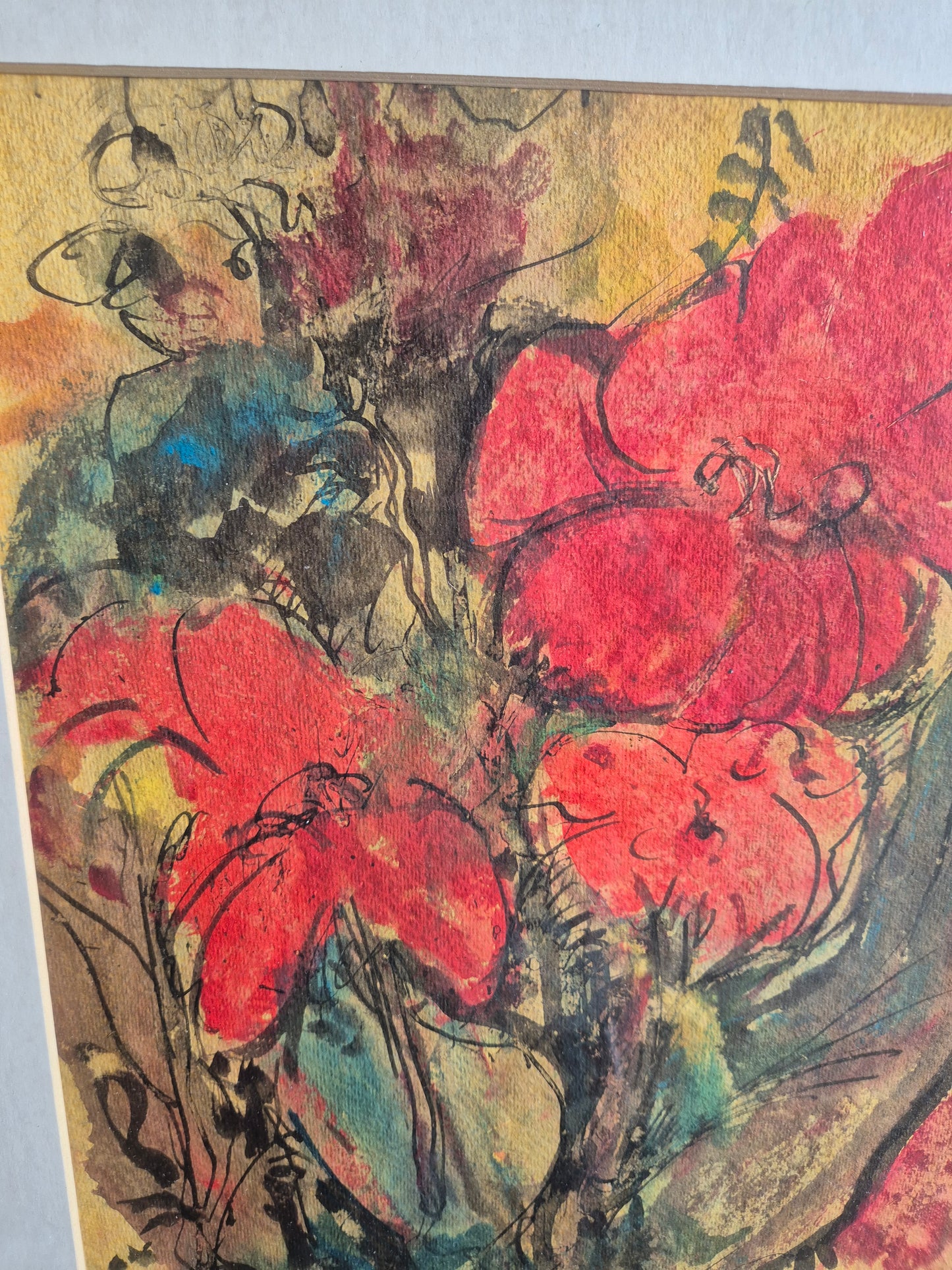 Europäische Schule 20. Jhrd. Ölgemälde Rote Blumen Abstrakt 49x59 cm